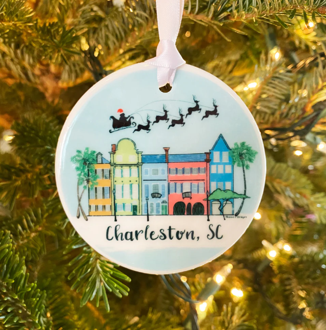 Rainbow Row Christmas Scene Ceramic Ornament