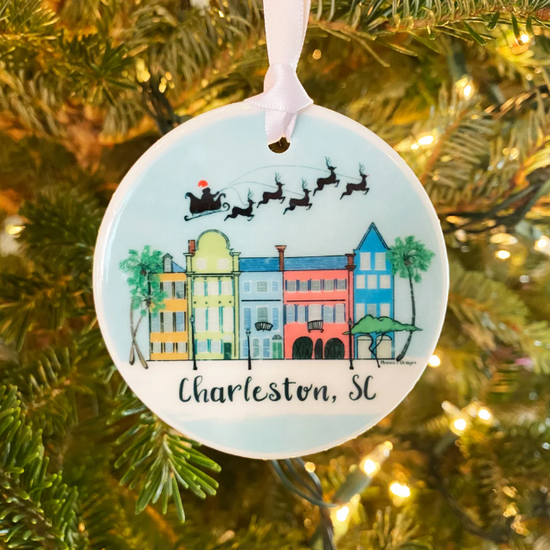 Rainbow Row Christmas Scene Ceramic Ornament