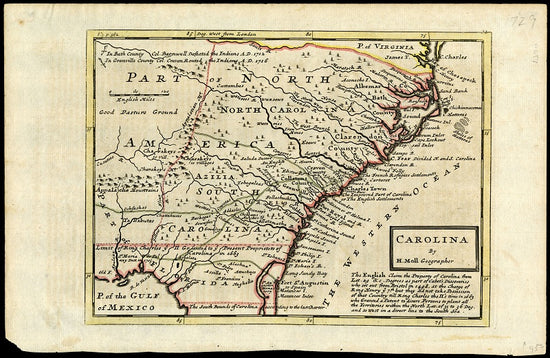 Map of Carolina 1729 Print