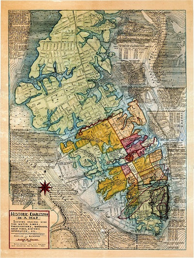 Alfred O. Halsey, Historic Charleston on a Map: showing original high tide water lines, fortifications, boroughs, great fires, historic information, etc.